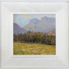 lake district art original oil painting by local artist Jeff Sudders featuring iconic langdale pikes with impasto buttercup valley meadow