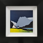Lake District Art original acrylic painting Buttermere by Jay Nottingham in his dramatic style of mountain sihouettes in blues with a cottage in the foreground. Displayed in a black frame,