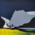 Lake District Art original acrylic painting Buttermere by Jay Nottingham in his dramatic style of mountain sihouettes in blues with a cottage in the foreground.