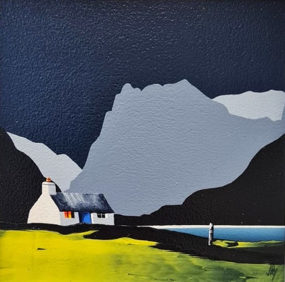 Lake District Art original acrylic painting Buttermere by Jay Nottingham in his dramatic style of mountain sihouettes in blues with a cottage in the foreground.