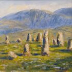 Oil painting of an ancient stone circle in a grassy meadow, with rugged blue mountains rising in the background
