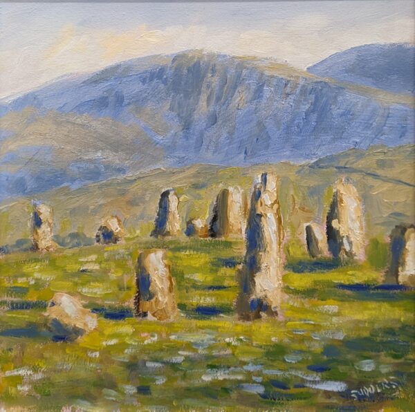 Oil painting of an ancient stone circle in a grassy meadow, with rugged blue mountains rising in the background