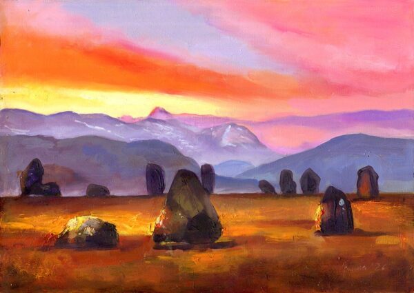 Standing stones on a golden plain beneath a vivid pink and orange sunset, with distant purple mountains.