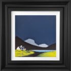 lake district art by contemporary artist jay nottingham. Catbells dark skies silhouetted fells and cottage. Displayed in a black frame.