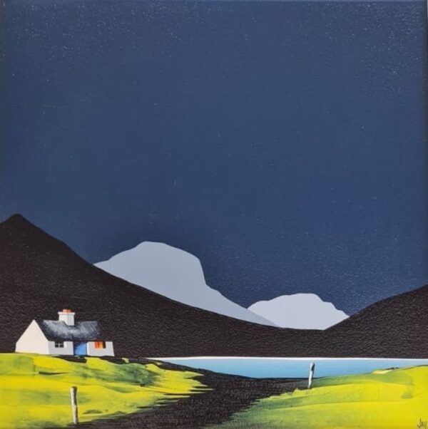 lake district art by contemporary artist jay nottingham. Catbells dark skies silhouetted fells and cottage.