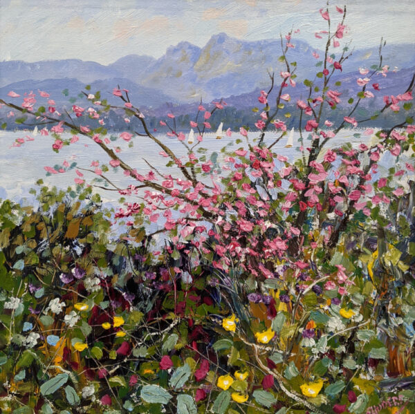 Lake District art original oil painting by Jeff Sudders of cherry blossom tree and impasto wildflowers on lakeshore overlooking windermere and langdale pikes
