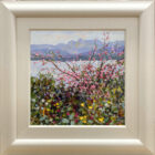 Original oil painting on board framed in a wood frame and slip by Lake District artist Jeff Sudders, view through the flowers and cherry blossom to Windermere and the langdale pikes