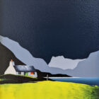Lake District Art original acrylic painting Crummock Water by Jay Nottingham in his dramatic style of mountain sihouettes in blues with a cottage in the foreground.