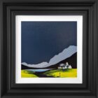 lake district art by contemporary artist jay nottingham. crummock water dark skies silhouetted fells and cottage