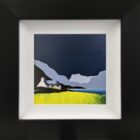 Lake District Art original acrylic painting Crummock Water by Jay Nottingham in his dramatic style of mountain sihouettes in blues with a cottage in the foreground.
