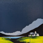 lake district art by contemporary artist jay nottingham. crummock water dark skies silhouetted fells and cottage