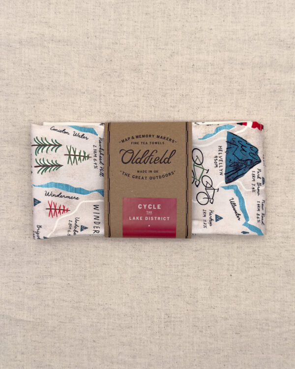 Cycle The Lakes Tea Towel by Oldfield Design Co based on the edge of The Lake District Nation Park creators of crafted prints and keepsakes Celebrating a life lived outdoors and up north