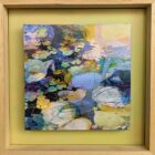 Original mixed media painting by Kate Boyce featuring abstract lilies bright colours on wood panel. Displayed in a birch tray frame with painted back panel.