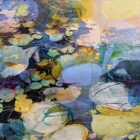 Original mixed media painting by Kate Boyce featuring abstract lilies bright colours on wood panel. Displayed in a birch tray frame with painted back panel.