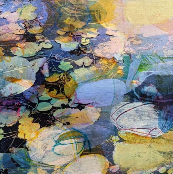 Original mixed media painting by Kate Boyce featuring abstract lilies bright colours on wood panel. Displayed in a birch tray frame with painted back panel.
