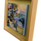 Original mixed media painting by Kate Boyce featuring abstract lilies bright colours on wood panel. Displayed in a birch tray frame with painted back panel.