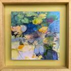 Original mixed media painting by Kate Boyce featuring abstract lilies bright colours on wood panel. Displayed in a birch tray frame with painted back panel.
