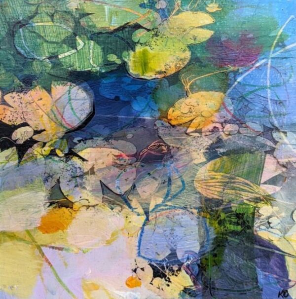 Original mixed media painting by Kate Boyce featuring abstract lilies bright colours on wood panel. Displayed in a birch tray frame with painted back panel.