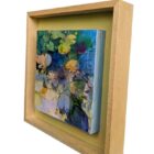 Original mixed media painting by Kate Boyce featuring abstract lilies bright colours on wood panel. Displayed in a birch tray frame with painted back panel.