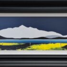 Original Artwork by Jay Nottingham. A stylized panoramic landscape of Derwentwater showing a white cottage by blue lake bright green fields and distant mountains beneath a dark moody sky. Displayed in a black frame.