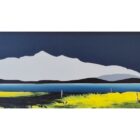 Original Artwork by Jay Nottingham. A stylized panoramic landscape of Derwentwater showing a white cottage by blue lake bright green fields and distant mountains beneath a dark moody sky.