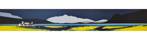 Original Artwork by Jay Nottingham. A stylized panoramic landscape of Derwentwater showing a white cottage by blue lake bright green fields and distant mountains beneath a dark moody sky.