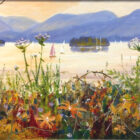 Lake District art original oil painting by Jeff Sudders of colourful derwentwater shoreline with impasto summer wildflowers and view to borrowdale