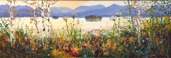 Lake District art original oil painting by Jeff Sudders of colourful derwentwater shoreline with impasto summer wildflowers and view to borrowdale