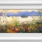 Lake District art original oil painting by Jeff Sudders of colourful derwentwater shoreline with impasto summer wildflowers and view to borrowdale