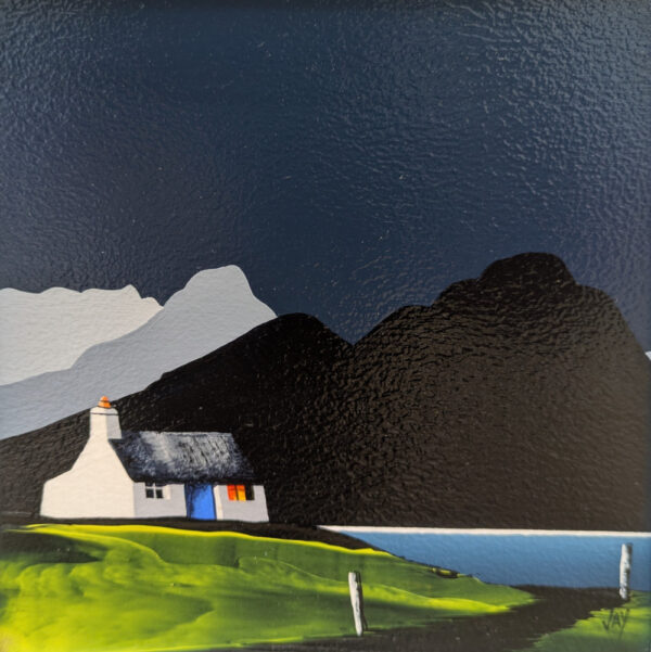 Lake District Art original acrylic painting Elterwater by Jay Nottingham in his dramatic style of mountain sihouettes in blues with a cottage in the foreground.