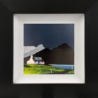 Lake District Art original acrylic painting Elterwater by Jay Nottingham in his dramatic style of mountain sihouettes in blues with a cottage in the foreground.
