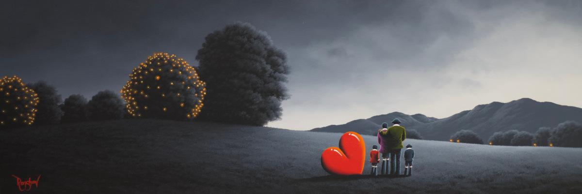 Family Memories David Renshaw lake district art original oil painting by artist david renshaw. Ted and Doris and two children in red and blue coats take in the greyscale view together reminiscing over family memories