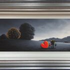 lake district art original oil painting by artist david renshaw. Ted and Doris and two children in red and blue coats take in the greyscale view together reminiscing over family memories