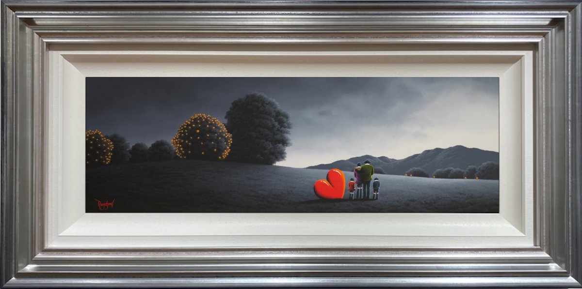 lake district art original oil painting by artist david renshaw. Ted and Doris and two children in red and blue coats take in the greyscale view together reminiscing over family memories