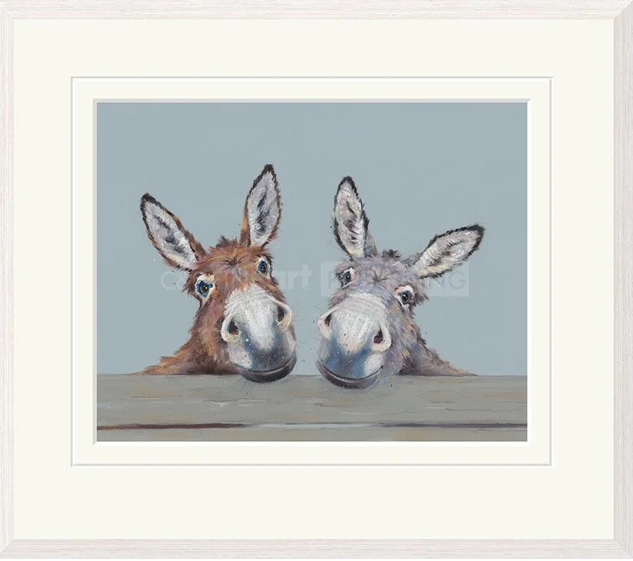 Limited Edition Print by British Artist Nicky Litchfield. Two donkeys rest their heads side by side.