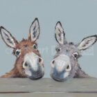 Limited Edition Print by British Artist Nicky Litchfield. Two donkeys rest their heads side by side.