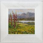 lake district art original oil painting by local artist Jeff Sudders featuring summer foxgloves and wildflowers by lake windermere and langdale pikes