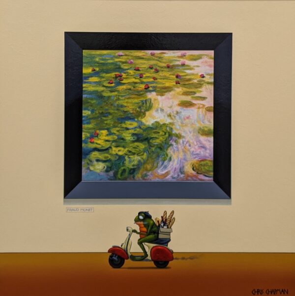 Whimsical painting of a frog riding a scooter with art supplies beneath a framed water lily painting, creating a playful gallery scene