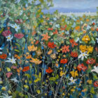 Lake District art original oil painting by Jeff Sudders. Garden View featuring colourful wildflowers including poppies and giant daisies