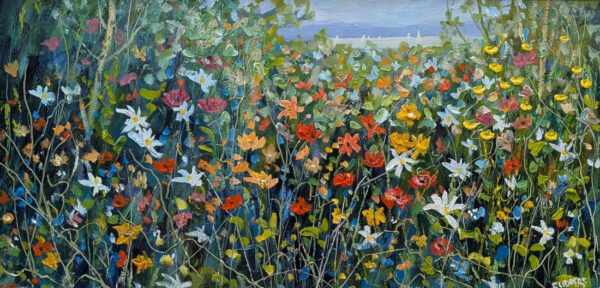 Lake District art original oil painting by Jeff Sudders. Garden View featuring colourful wildflowers including poppies and giant daisies