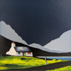 Lake District Art original acrylic painting Grasmere and Helm Crag by Jay Nottingham in his dramatic style of mountain sihouettes in blues with a cottage in the foreground.