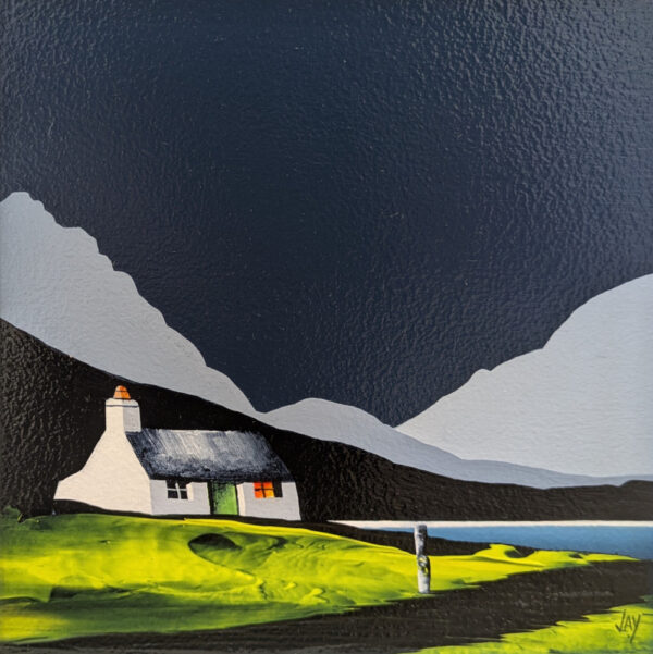 Lake District Art original acrylic painting Grasmere and Helm Crag by Jay Nottingham in his dramatic style of mountain sihouettes in blues with a cottage in the foreground.