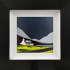 Lake District Art original acrylic painting Grasmere and Helm Crag by Jay Nottingham in his dramatic style of mountain sihouettes in blues with a cottage in the foreground.
