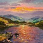 Original lake district oil painting by Andrew Grant Kurtis. Beautiful sunset tones reflected across Grasmere in the ripples of the water