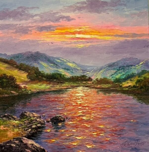 Original lake district oil painting by Andrew Grant Kurtis. Beautiful sunset tones reflected across Grasmere in the ripples of the water