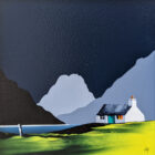 Lake District Art original acrylic painting Great Gable by Wastwater by Jay Nottingham in his dramatic style of mountain sihouettes in blues with a cottage in the foreground.