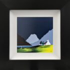 Lake District Art original acrylic painting Great Gable by Wastwater by Jay Nottingham in his dramatic style of mountain sihouettes in blues with a cottage in the foreground.