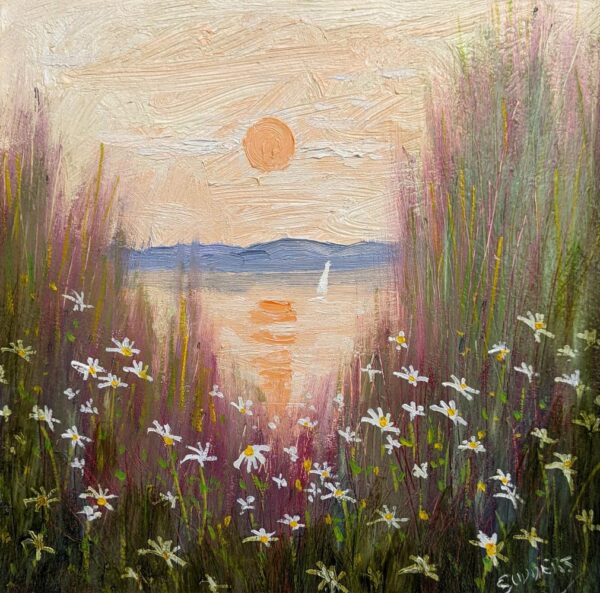 lake district art original oil painting by local artist Jeff Sudders featuring a calming lakeland sunrise flowers blossom in the foreground while the sun reflects on the water.