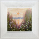 lake district art original oil painting by local artist Jeff Sudders featuring a calming lakeland sunrise flowers blossom in the foreground while the sun reflects on the water.