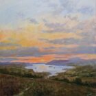 Oil painting of a tranquil lake at sunset, with rolling hills, soft pastel clouds, and warm orange and pink light reflecting on the water.